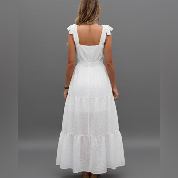 Eyelet Embroidery Shoulder Tie Ruffle Hem Dress White - Picture 4 of 8